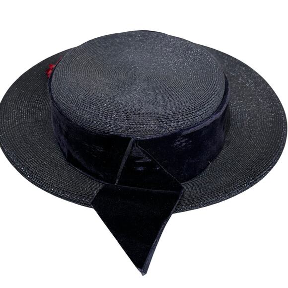Vintage boater style ladies hat navy blue & faded red flower on velvet hatband